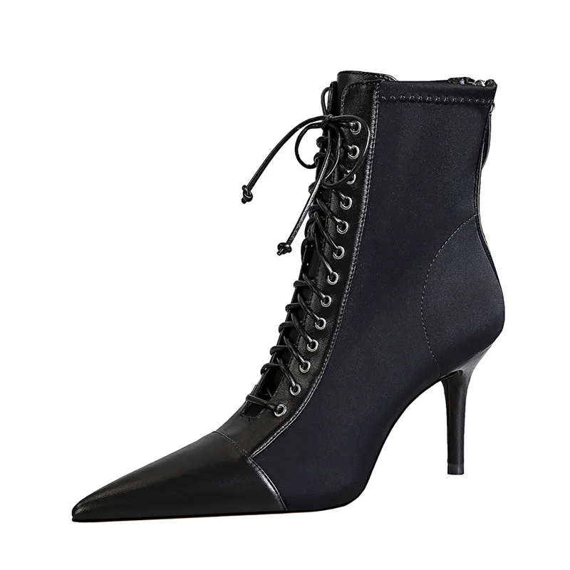 

Fashion Women Elegant Black Cross Straps Thin High Heel Silk Boots Short Lace Up Ankle Boots Winter Pointed Toe Cowboy Shoes