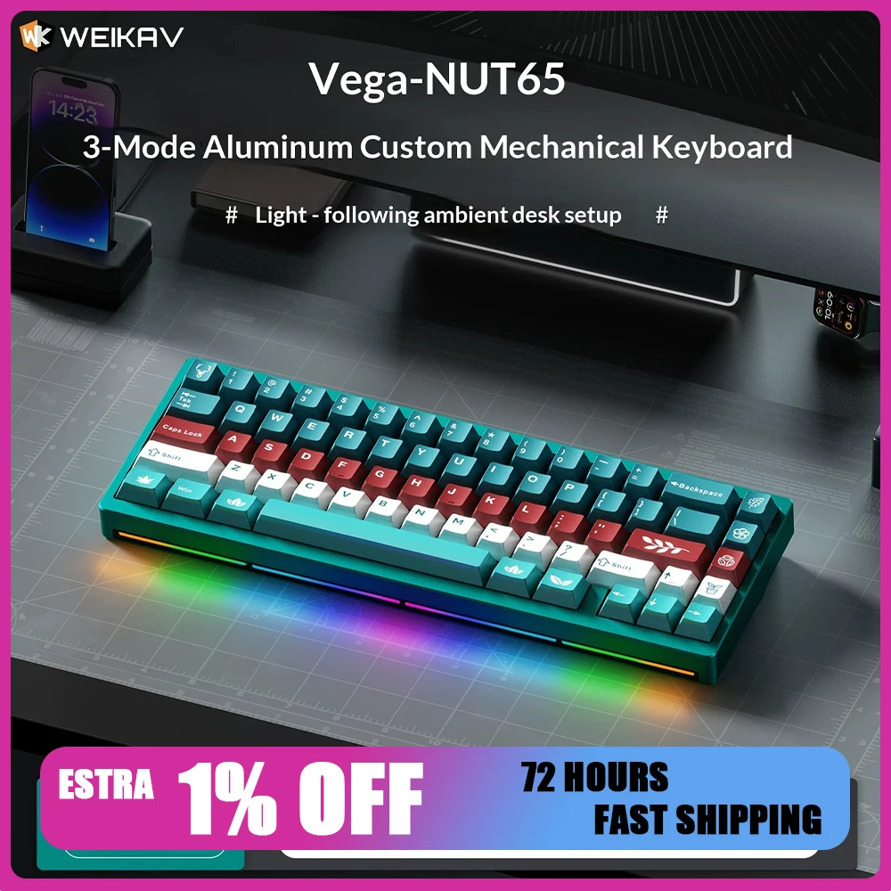 WEIKAV NUT65 65% Tri-Mode Aluminum Mechanical Keyboard 6000mAh Hot-Swappable RGB For Gifts
