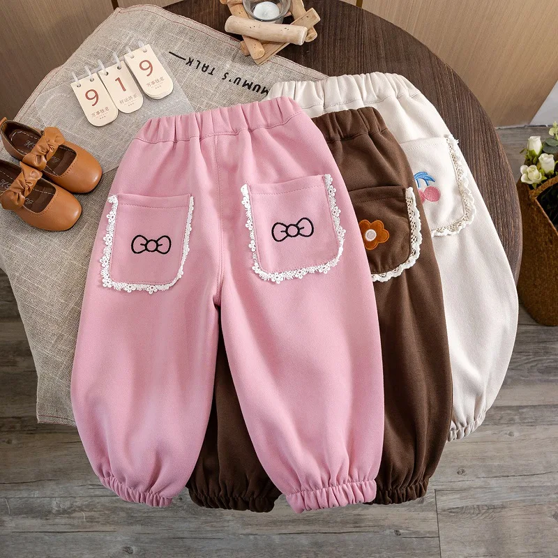 LYY-Girls' Autumn Pants2024New Children's Casual Sports Loose Sweatpants Embroidered Lace Spring and Autumn Trousers