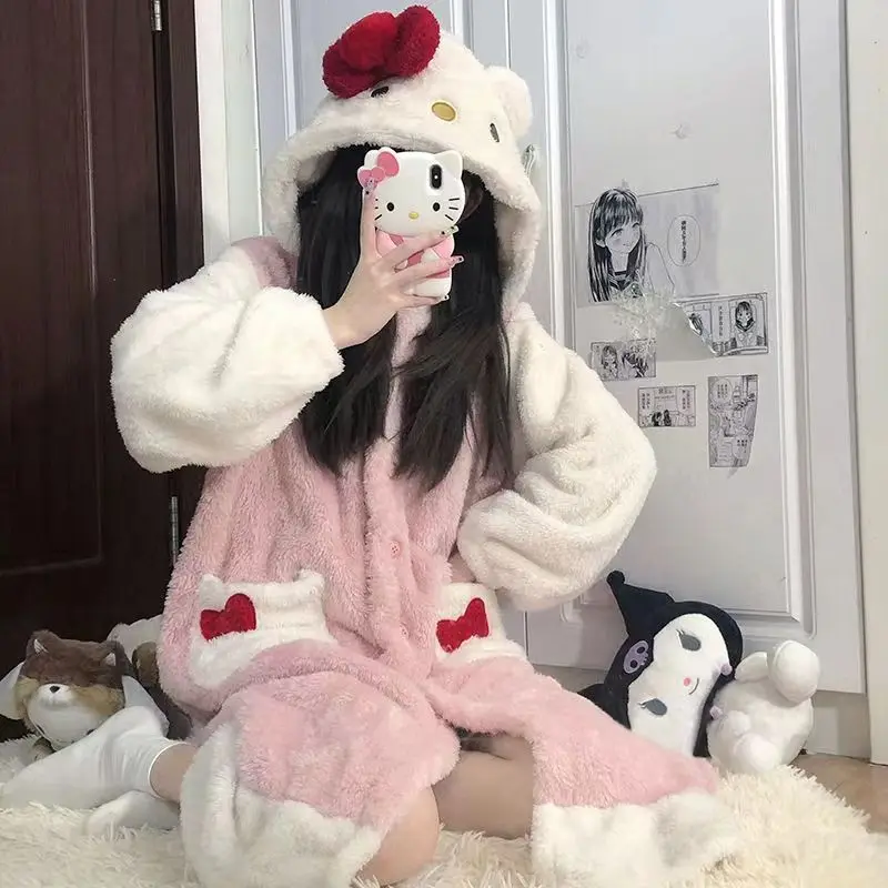 Kawaii Sanrio Night-Robe Hello Kitty Autumn Wintertime Plush Loungewear Women\'s Pajamas Robe Hooded Cute Pajamas Plush Nightgown