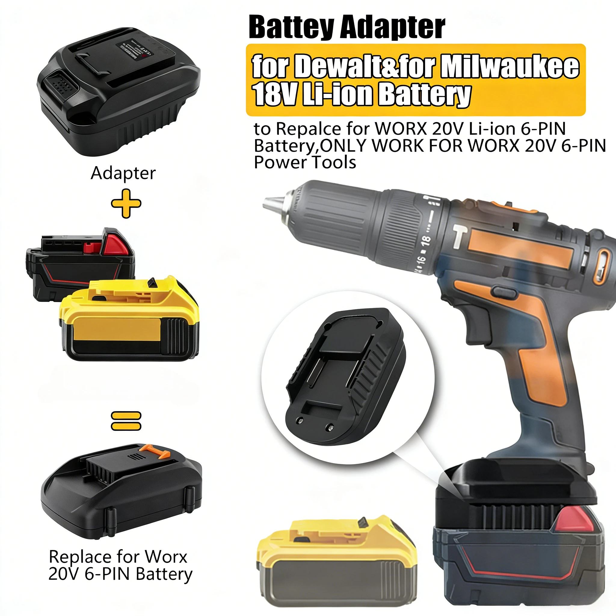

Адаптер для аккумуляторов DM18WORX6PIN: преобразует литий-ионные аккумуляторы Dewalt 20V и Milwaukee 18V в аккумуляторы Worx 20V 6PIN для электроинструментов и дрелей
