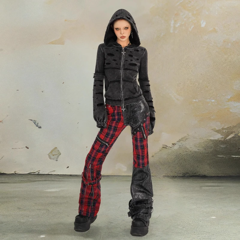 Design original estilo punk emenda preto vermelho xadrez calças femininas outono novo doce legal quente menina rua emagrecimento calças senhoras