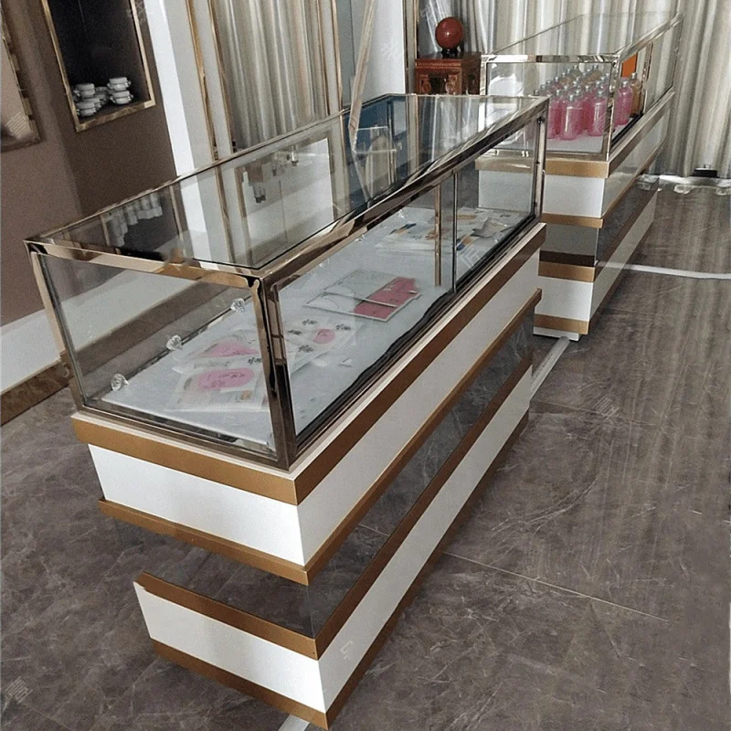 Metal Frame Jóias Display Table Showcase, Custom, Perfume Shop, Glass Counter, Retail Showcase com Luz