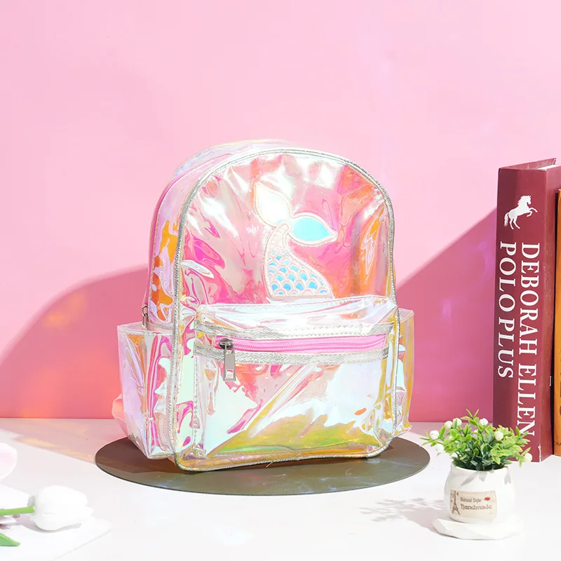 Mochila láser colorida transparente personalizada para niña, mochila de ocio bonita impermeable para niños, cola de pez de concha