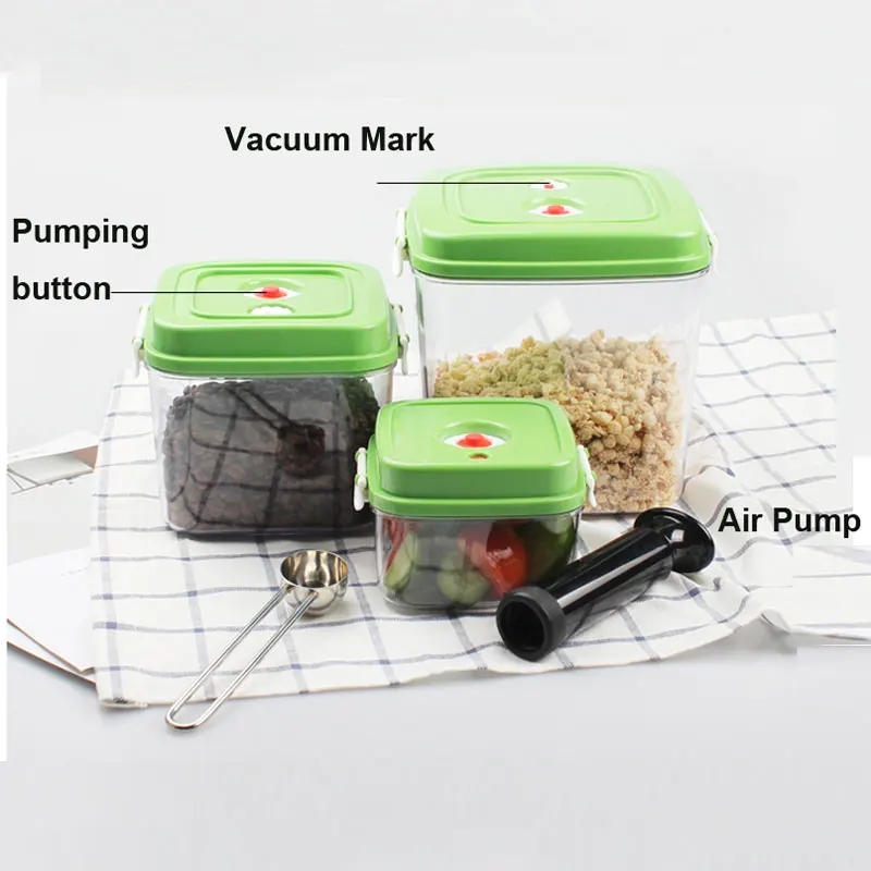 Eco-friendly Square Plastic Vacuum Container with Pump, 3 Size Set, Vacuum Air Tighten Food Storage, Large, Sealed, Silicone