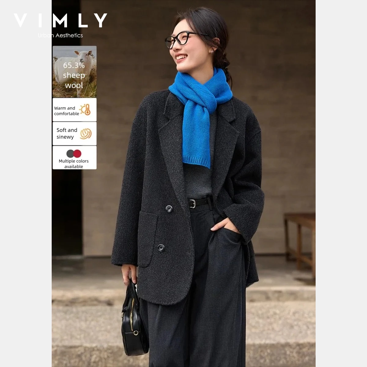 

VIMLY High Quality Coat for Women 2025 Notch Lapel Double Breasted Wool Blend Winter Coat Loose Fitting Warm Woman Clothes 50873