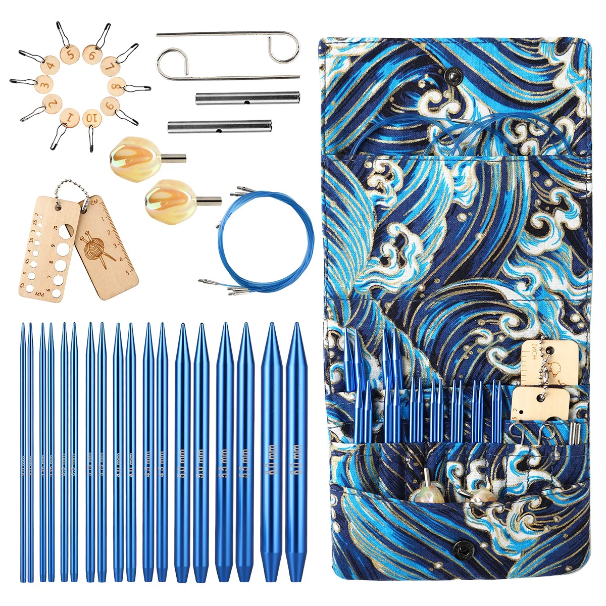 New 18PCS Interchangeable Crochet Needles Set Aluminum Circle Knitting Needles Blue Color Bag with Sewing Tool Accessory