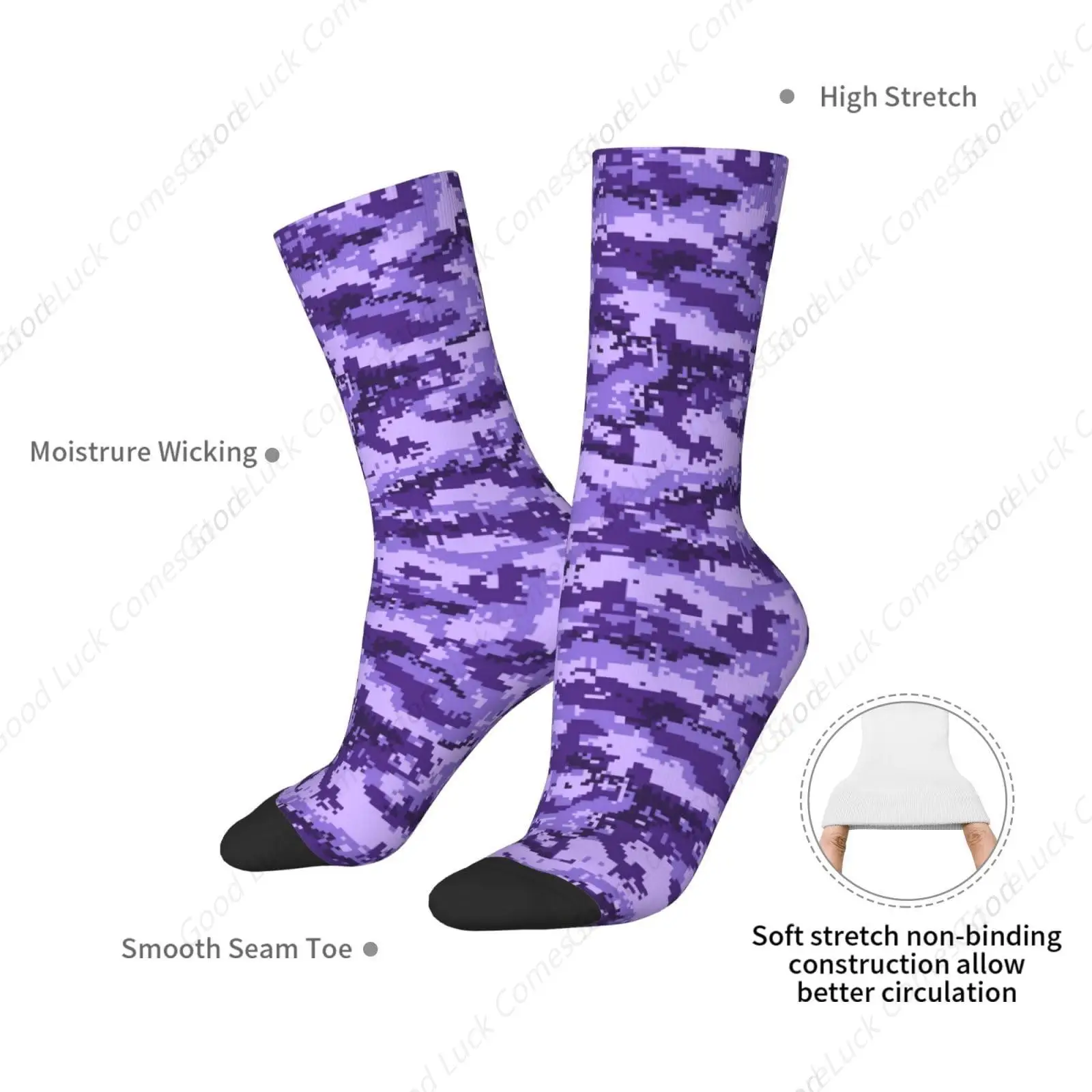 Lila Pixel Camo 16-Zoll-Crew-Socken, originelle Sportsocken für Damen und Herren