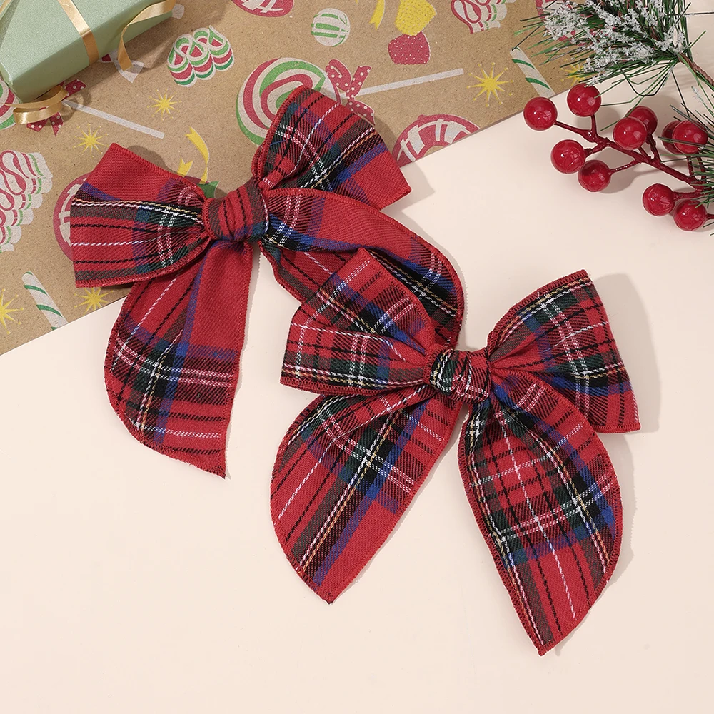 Pinzas para el cabello con lazo a cuadros para niña, horquillas festivas de tela a cuadros, accesorios navideños para el cabello, 2 uds.