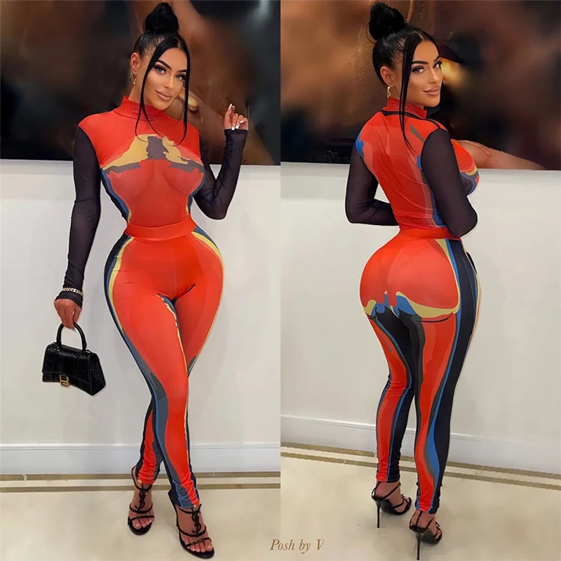 

Two Piece Set Patchwork Panelled Women Hipster See Through Turtleneck Bodysuits+High Waist Skinny Pants Female Streetwear