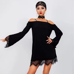 2022 New Latin Dance Dress Women Black Lace Loose Practice Dress Adult Rumba Salsa Dance Costume Long SLeeves Dress DNV17031