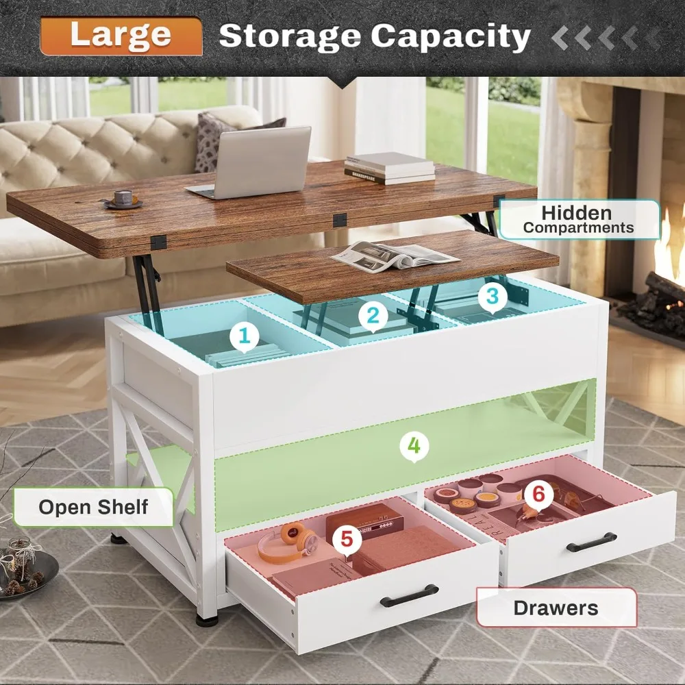 LED-Illuminated 4-in-1 White Coffee Table with Storage, Drawers for Living Room, Small Space-Saving Option