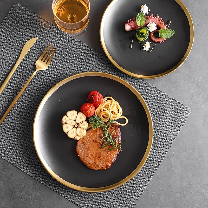 European style ceramic gold edged steak, Western style dessert plate, restaurant tableware, flat plate, vegetable plate