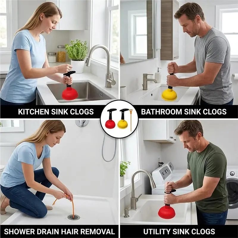 A96K-Sink Plunger Set Including Handles, Drain Clog Remover, Storage Space For Emergency Unclogging In For Apartments Solution