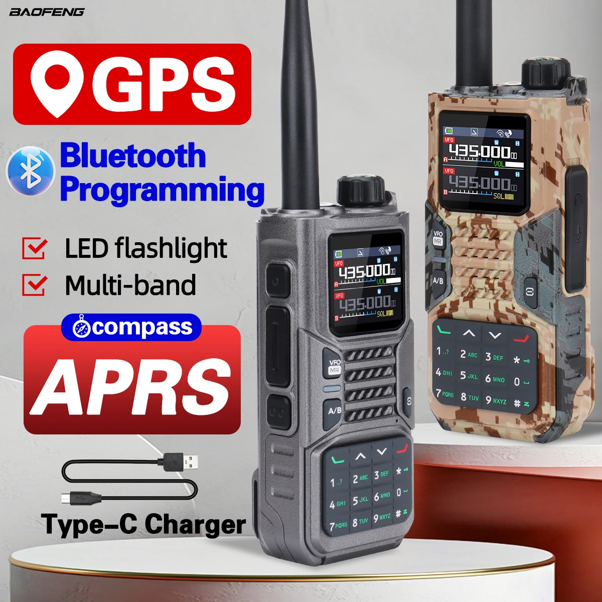 

Baofeng RD-55PRO Walkie Talkie GPS APRS Long Range Bluetooth Programming Type-C Compass Portable Amateur Ham Radio For Camping