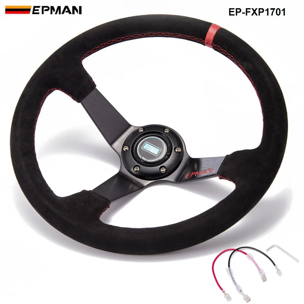 EPMAN Auto 350mm Deep Dish Drift Racing Steering Wheel Suede leather With Horn Button EP-FXP1701