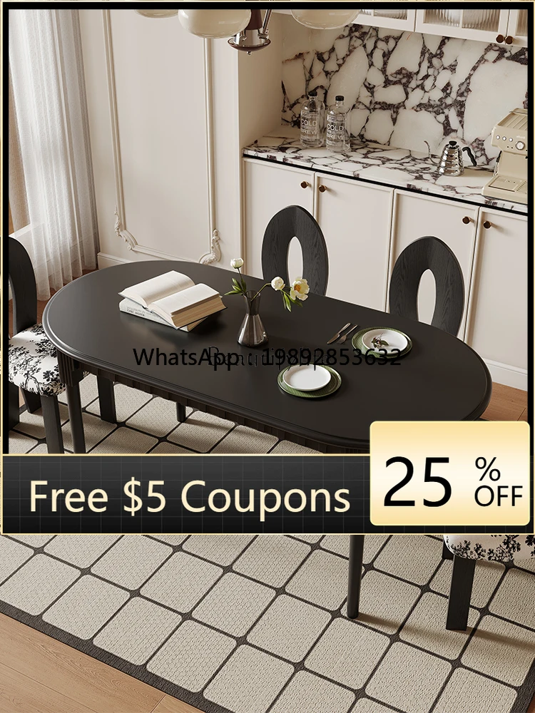 

FF French retro solid wood dining table simple medium antique black table with drawers