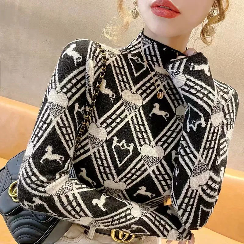 Women Clothing Chic All-match Knit Horse Sweaters Autumn Winter Casual Slim Mock Neck Long Sleeve Pullovers Lady Elegant Y2K Top