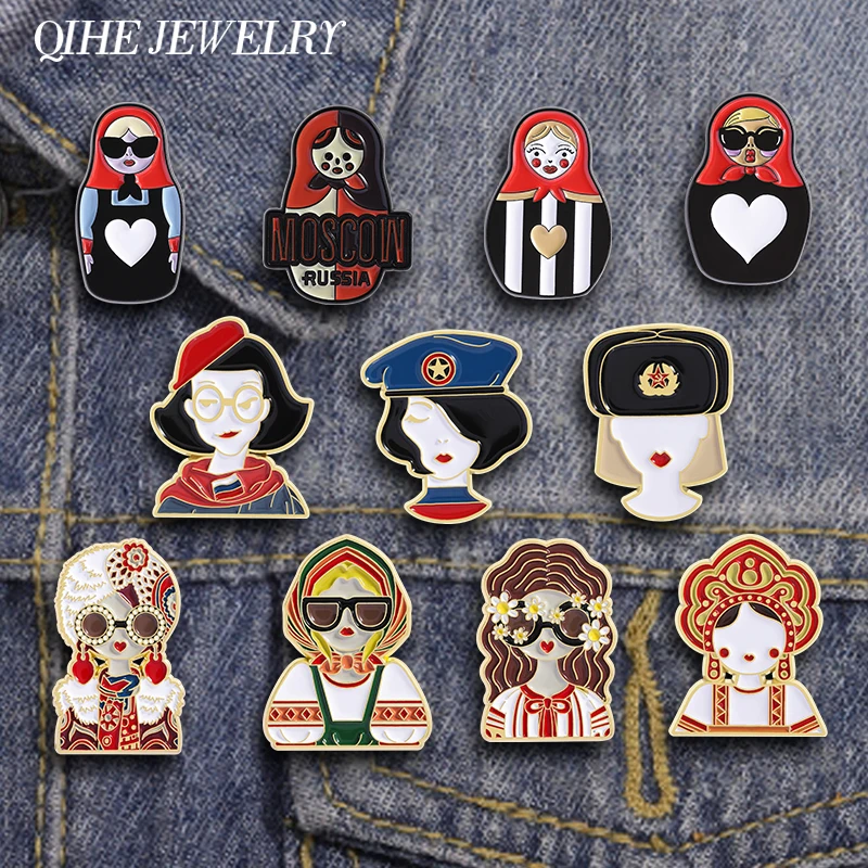 Cartoon Russian Girls Character Costume Enamel Pins Ethnic Style Matryoshka Doll Souvenir Brooches Lapel Hat Badge Jewelry Gift