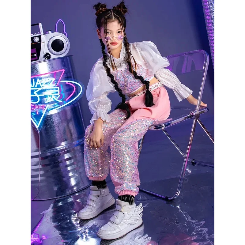 Conjunto de traje de baile de Jazz k-pop para niños, trajes de espectáculo de lentejuelas de moda para niñas, trajes de moda de Cattalk para niños, baile Hip Hop