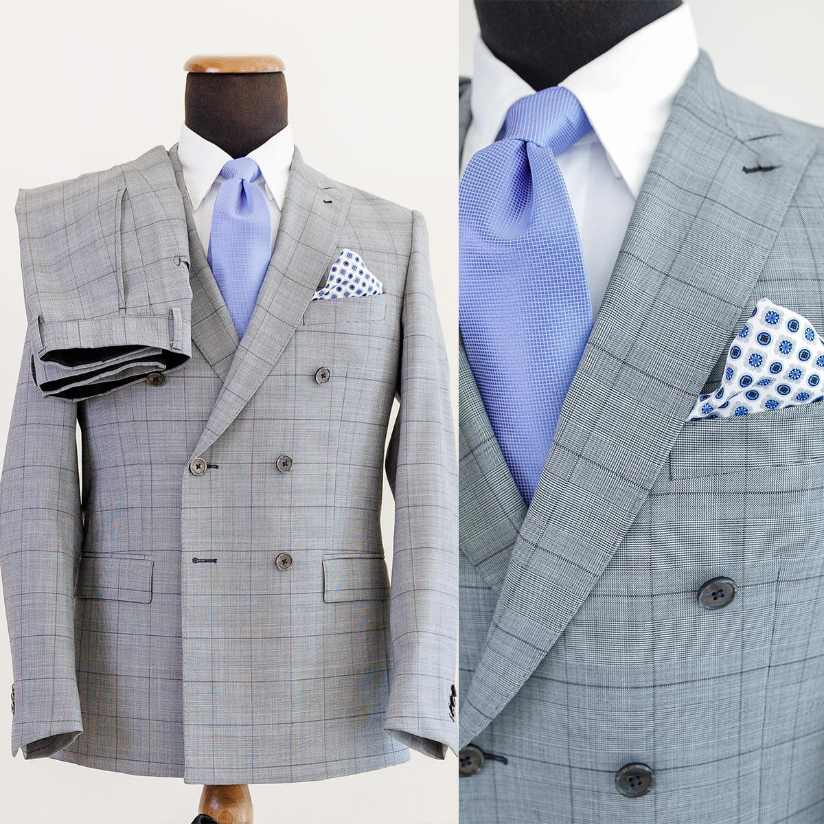 Light Gray Men Suits Tailor-Made 2 Pieces Blazer Pants Double Breasted Plaid Stripes Gentle Business Wedding Plus Size Tailored