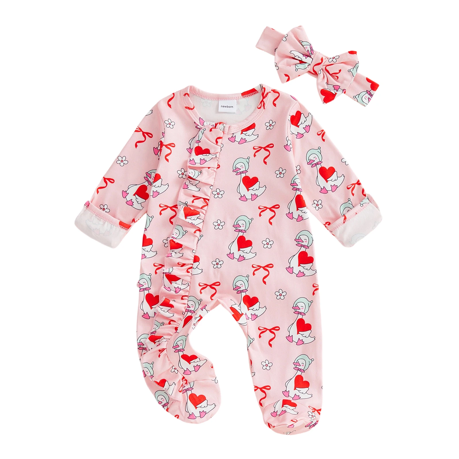 

Комплект из двух предметов для маленьких девочек, милый комбинезон с длинными рукавами и круглым вырезом в форме сердца и бантом, полная длина, с повязкой на голову с бантом