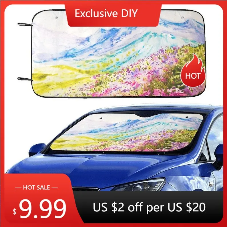 

Mountain Art Windshield Sun Shade, Watercolor Flowers Car Accessories Auto Protector Window Visor Screen Cover Decor 55" x 29.53