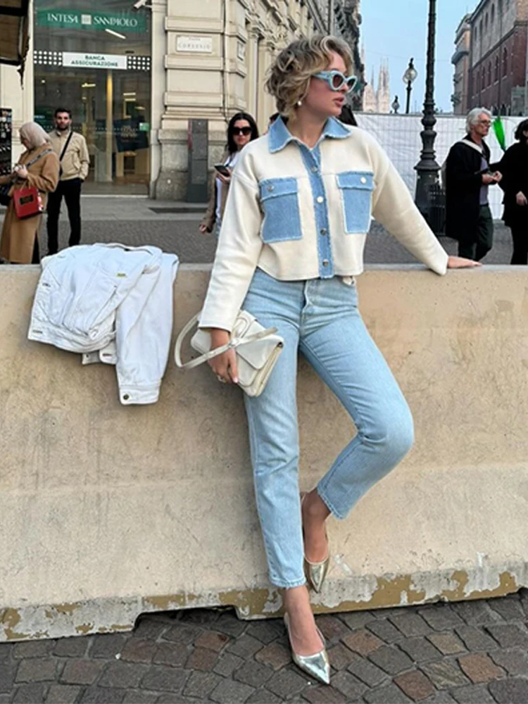 

Women Denim Knit Patchwork Jacket Lapel Splices Single Breasted Long Sleeve Coat Lady Pockets Knit Outwear 2025 Spring New