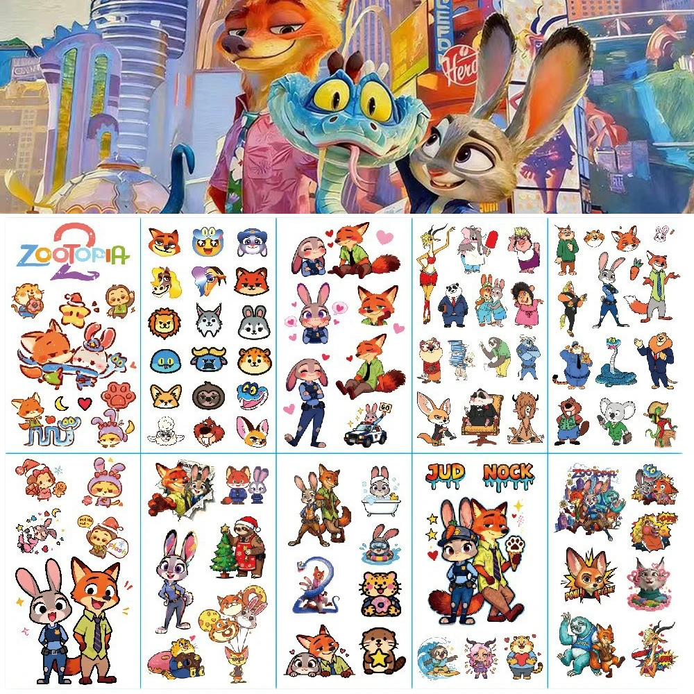 

10Pcs/set Kawaii Cartoon Disney Zootopia 2 Judy Nick Temporary Tattoo Stickers For Body Art Tattoo Party Birthday Stickers