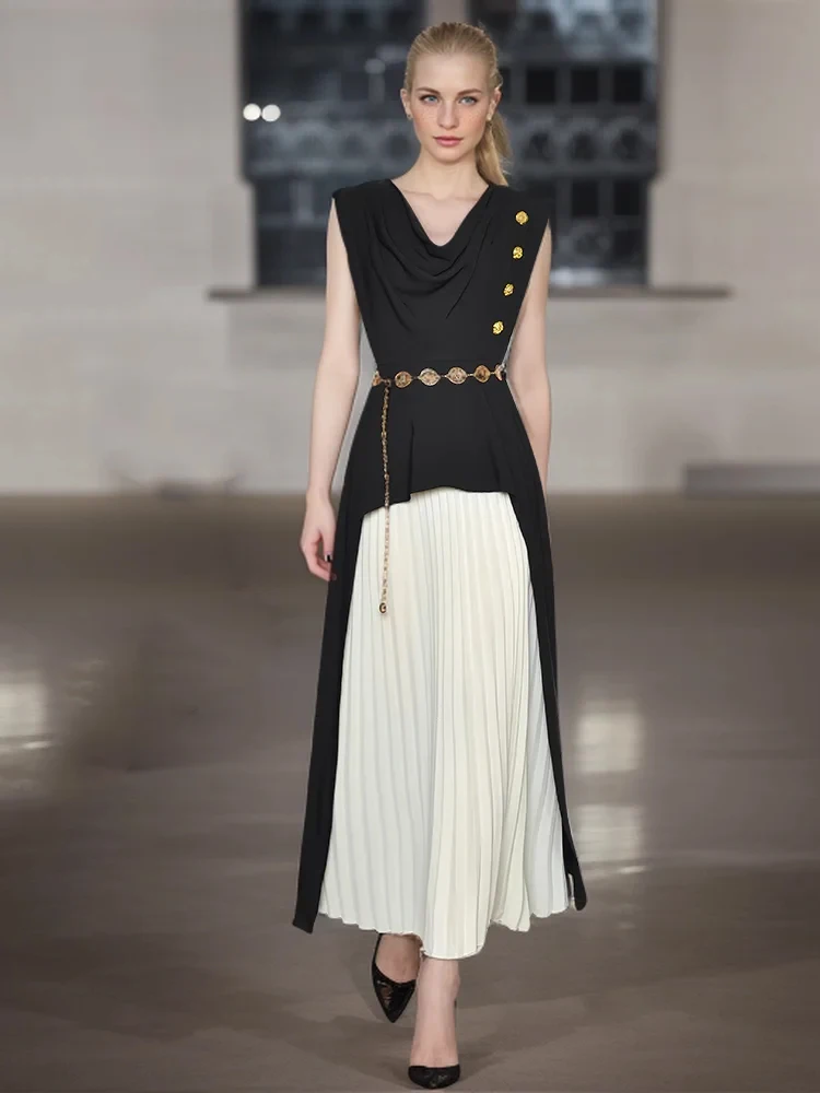 

SEQINYY Black White Pleated Dress Midi Summer Spring New Fashion Design Women Runway V-Neck Vest Golden Buttons Belt Casual