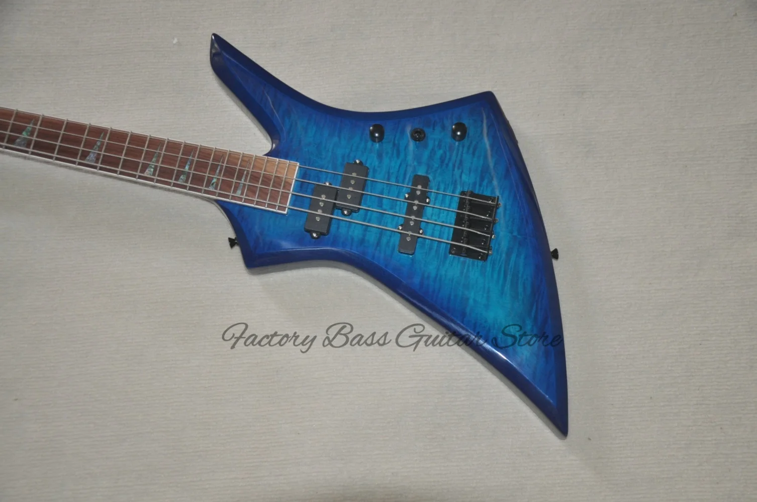 Classic 4 strings blue bass guitar, flamed maple top, solid wood body, rosewood mother-of-pearl inlaid fingerboard, SSS pickups