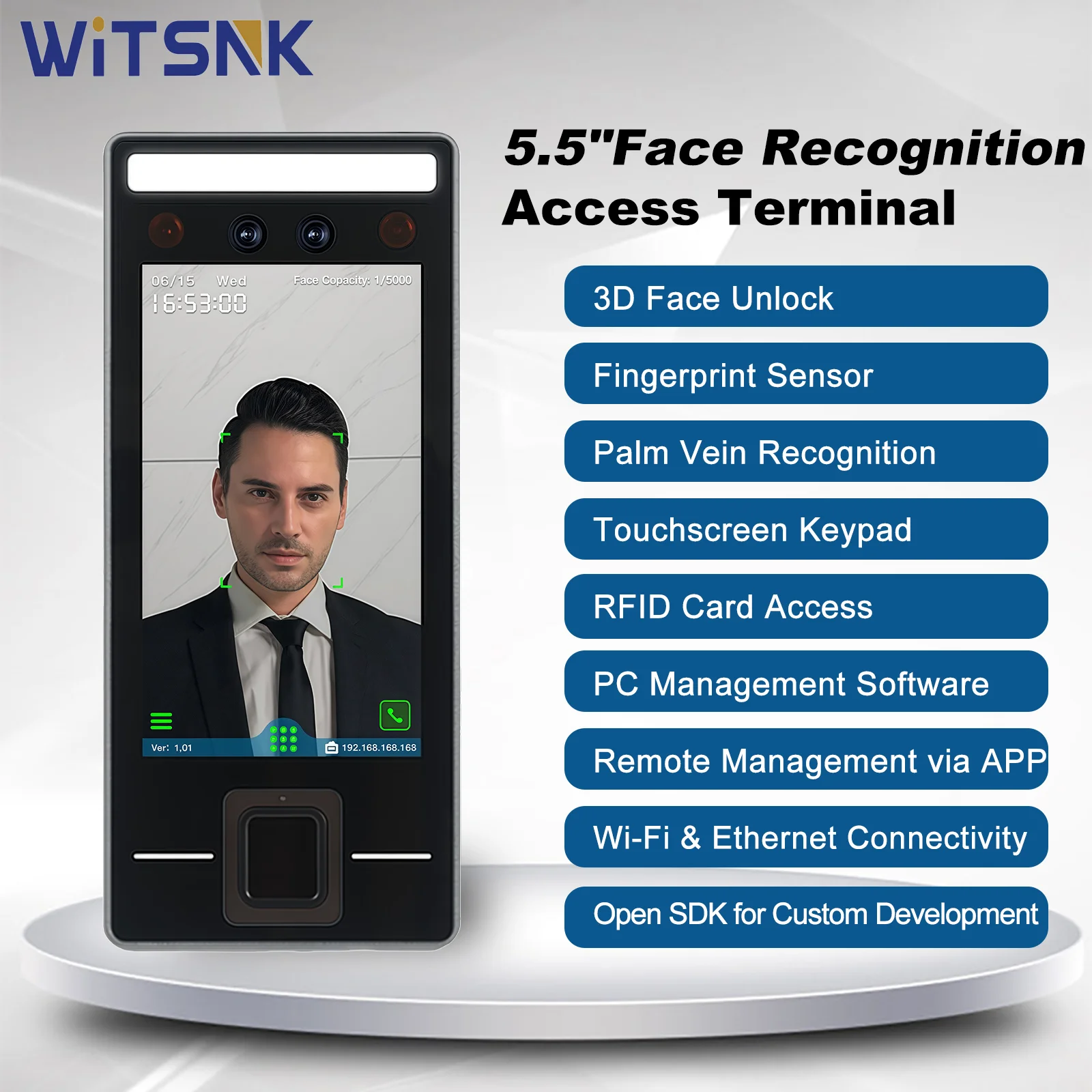 

5.5 Inch Face Palm Fingerprint Recognition Access Control System, Biometric RFID Card Reader, Contactless Door Controller