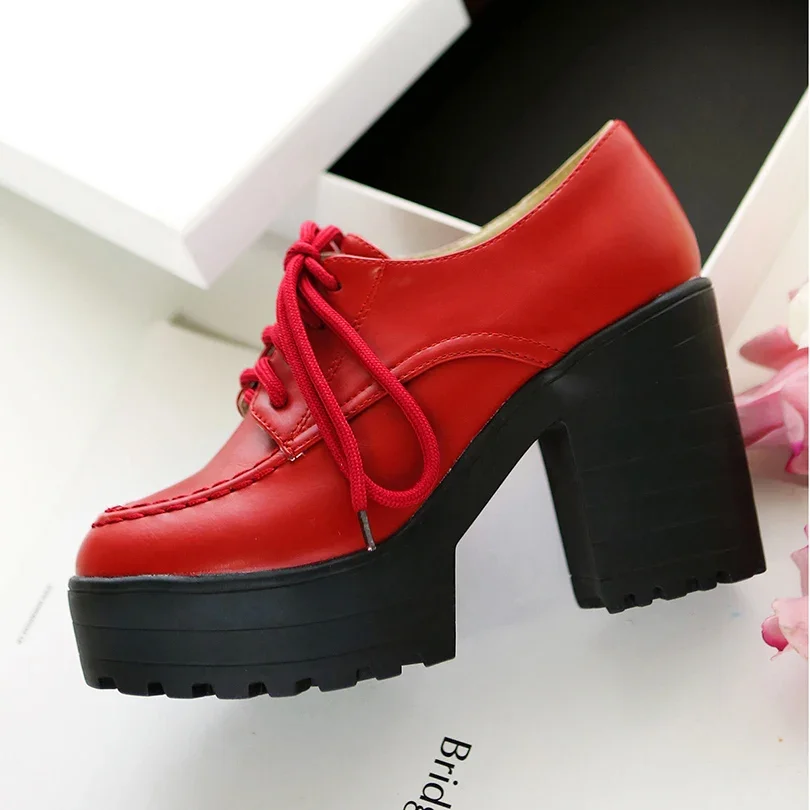 

Нескользящая резиновая подошва, женские туфли-лодочки на высокой платформе с круглым носком, очень высокий толстый каблук, дышащие внутренние женские туфли-лодочки в стиле ретро на шнуровке