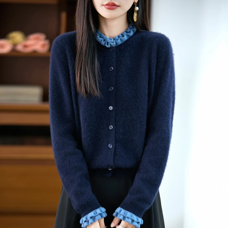 100% Merino Wool Cardigan With Ruffled Collar Women's Autumnwinter Long Sleeved Soft And Warm Knit Fashionable Jumper Top