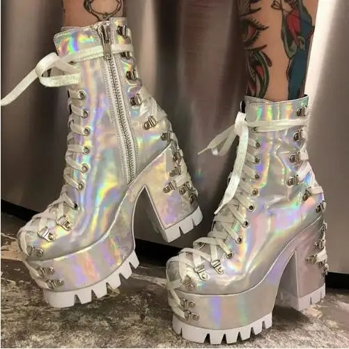 

Punk Sliver Purple Laser Shiny Patent Leather Platform Round Toe Cross Tied Chunky Heels Ankle Boots Women Lolita Short Booties