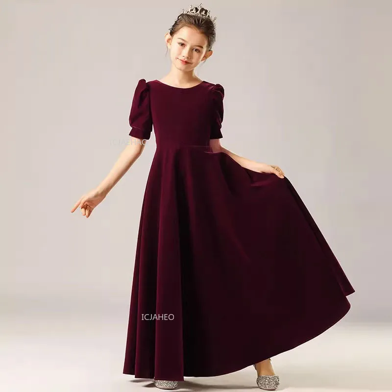 Girls Short Sleeve Party Dress for Piano Performance Children Orchestra Formal Celebration Costume Concert Recital Gown Pageant