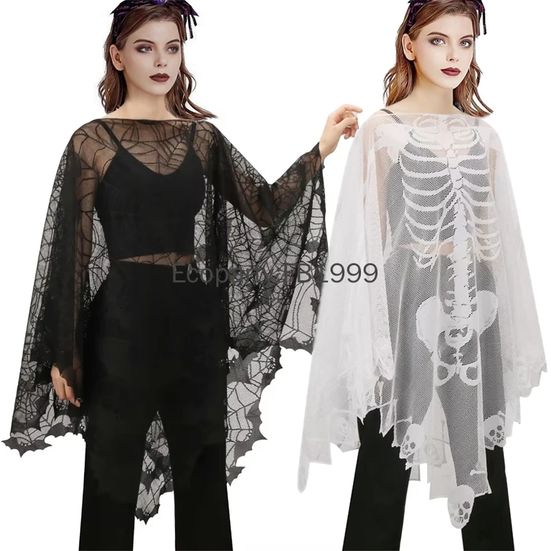 Nieuw Halloween Kostuum Voor Vrouwen Zwart Eng Skelet Kant Mantel Fancy Bat Spiderweb Gothic Sjaal Cape Maskerade Bal Poncho