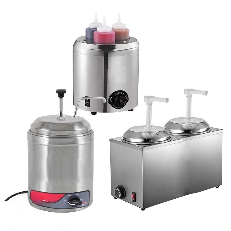 

Electric condiments, toppings, chocolate and sauce warmer with spout and pump