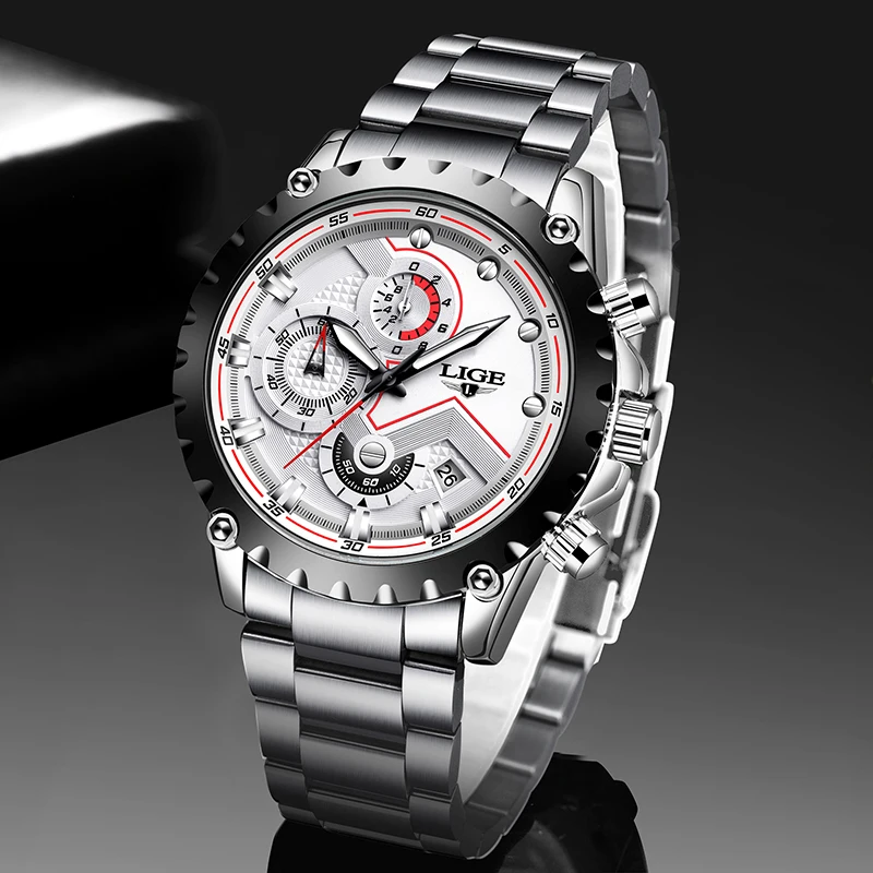 

LIGE Fashion Luxury Man Watch Brand Business Stainless Steel Band Waterproof Quartz Watches for Mens Military Casual Chronograph