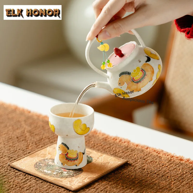 60ml White Horse Get Rich Round Mouth Teacup Retro Tea Bowl Mug Tea-tasting Personal Cup Jianzhan Master Cups Chinese Tea Set