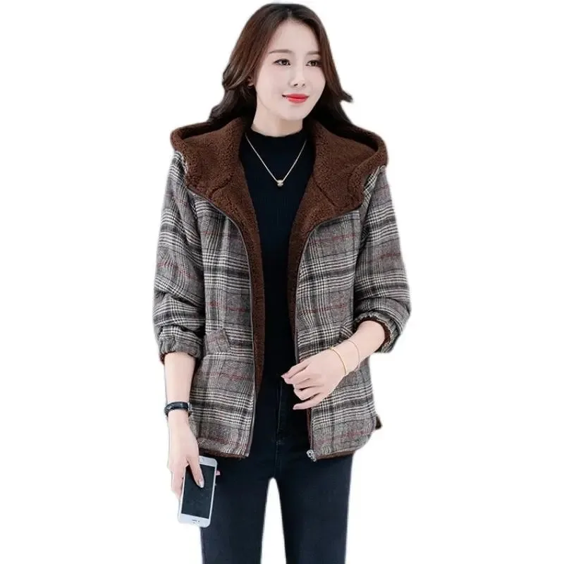 Two-Sided Put On Women\'s Coat Tops New 2022  Add Velvet Thicken Grain Fleece Winter Jacket Loose Hooded Keep Warm Outerwear