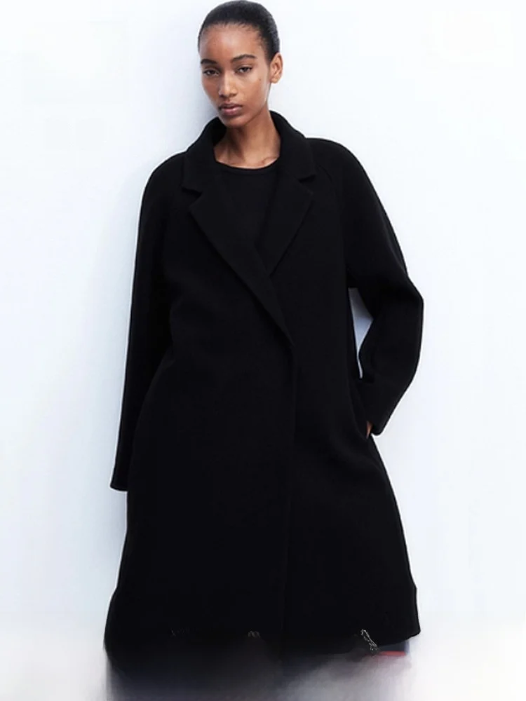 H&M Casaco de lã feminino inverno lapela confortável botão duplo casaco de comprimento médio Ele Outerwear 5993