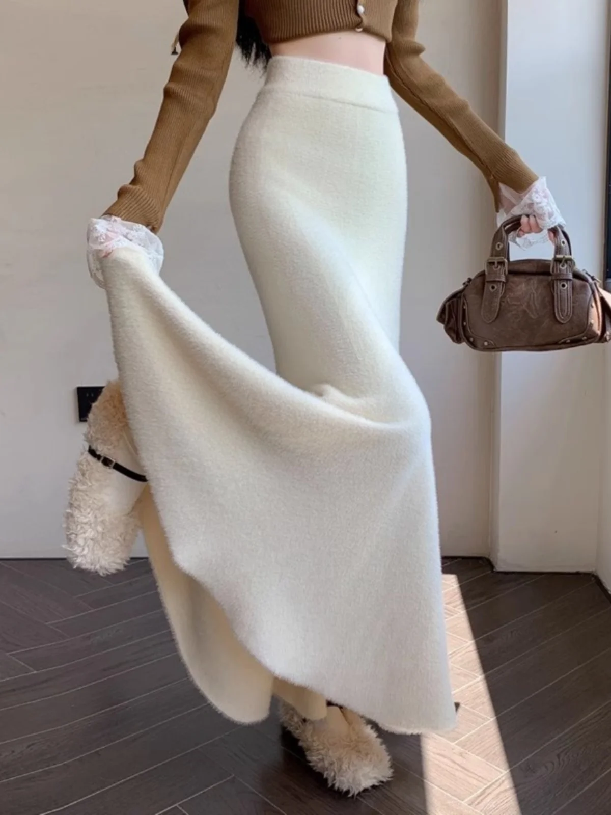 

Женская вязаная юбка с высокой талией и дизайном «рыбий хвост», утепленная, осенне-зимняя, длинная, для повседневной носки