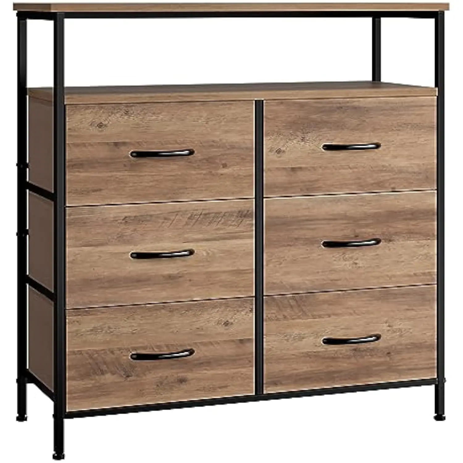

Fabric Dresser for Bedroom with 6 Drawers, Dresser Tv Stand with Open Shelves, Chest of Drawers for Closet, Clothes, Wood Top,