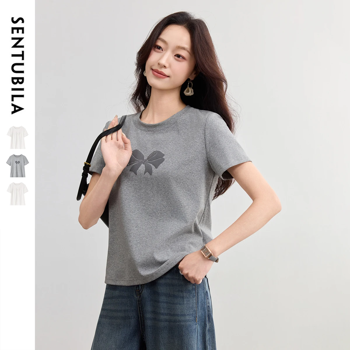 

SENTUBILA Women's Short Sleeve Tee Simple Bow Foam Printed Graphic T Shirts 2025 Collection Casual Style Tops Clothing G52TG1682