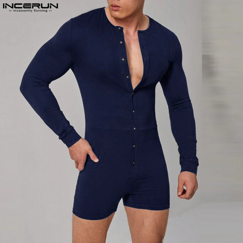 INCERUN 2024 Men Rompers Solid Color Skinny O-neck Long Sleeve Bodysuits Homewear Button Casual Leisure Male Playsuits Pajamas