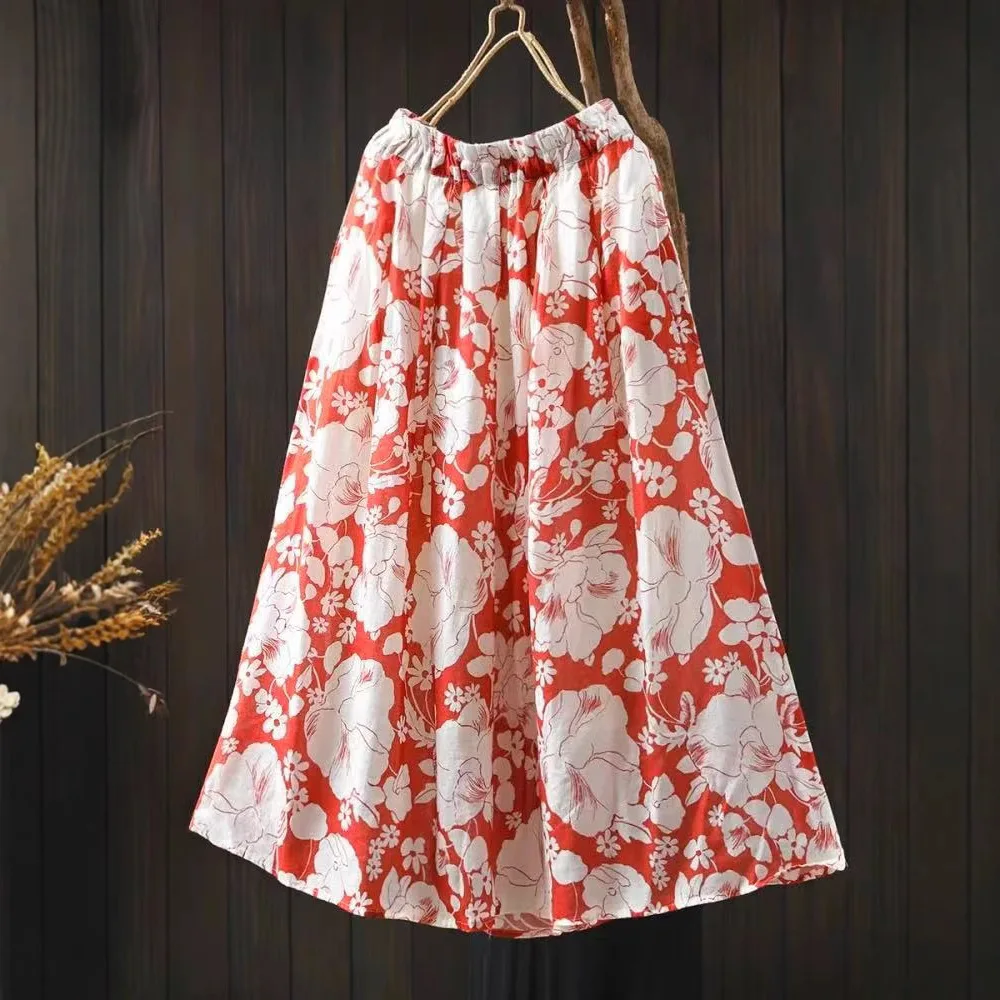 

Women Summer Vintage Mori Girl Floral Printed Ramie Skirts Elastic Waist Casual Loose Robes Elegant A-Line Midi Skirts