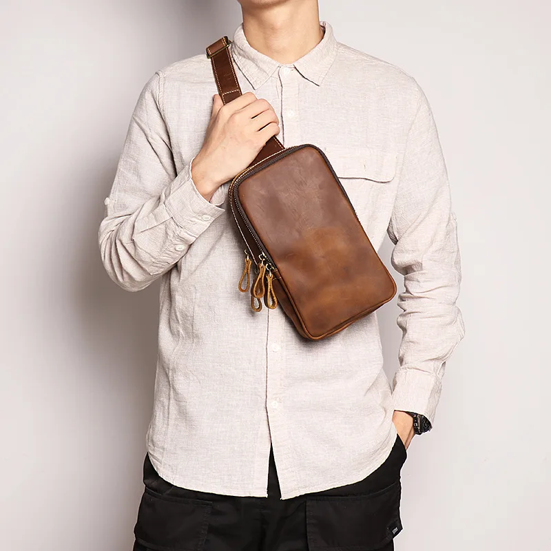 

Men's leather breast bag women's crazy horse leather cross body large capacity one shoulder cowhine breast bag