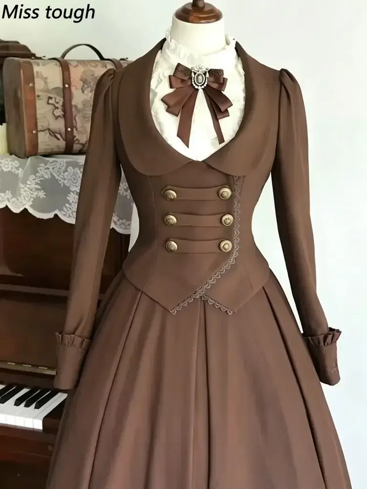 Fall Winter Vintage French Elegant Lolita Japanese Women's 3 Pieces Set Brown Jacket + White Shirt + Midi Skirt Harajuku Outfits view 4