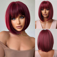 Short Wine Red Synthetic Wigs Straight Hair Wig with Bangs Bob Hair for Black Women Afro Cosplay Party Heat Resistant Wigs